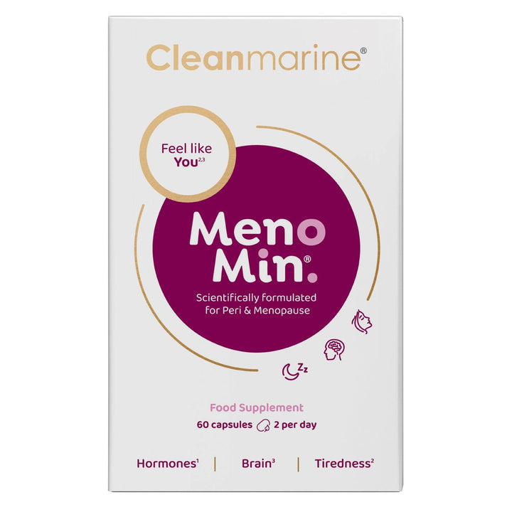 Cleanmarine Menomin supplement box for menopause support with Omega 3, vitamins, and phytonutrients, 60 capsules packaging