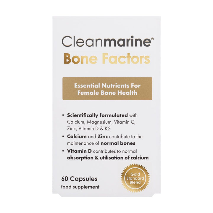 Cleanmarine Bone Factors supplement box for female bone health with calcium, magnesium, vitamin C, zinc, vitamin D and K2, 60 capsules.