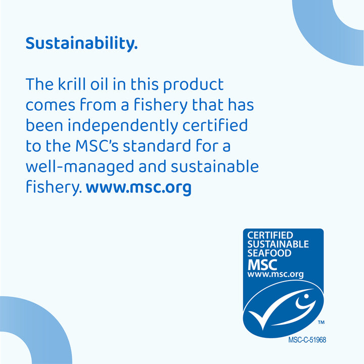 MSC certified sustainable seafood label on a blue background with text about krill oil sustainability.