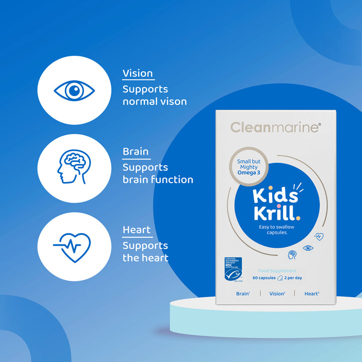 Cleanmarine Kids Krill supplement box with health benefits on a blue background