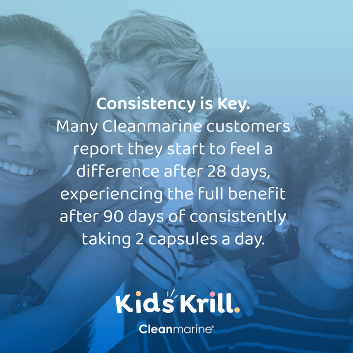Advertisement for Kids Krill Cleanmarine with text about consistency and customer testimonials.