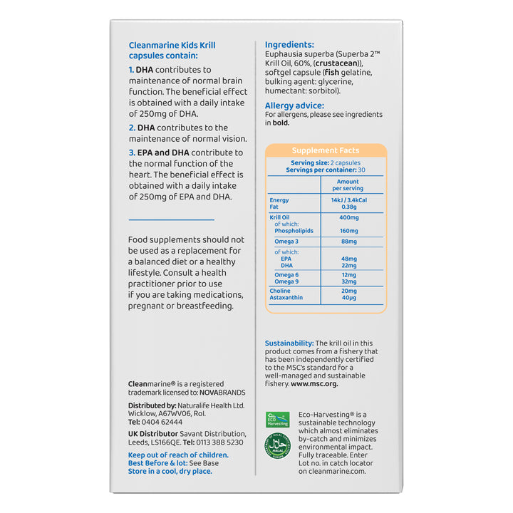 Supplement label for Cleanmarine Kids Krill capsules with nutritional information and ingredients.