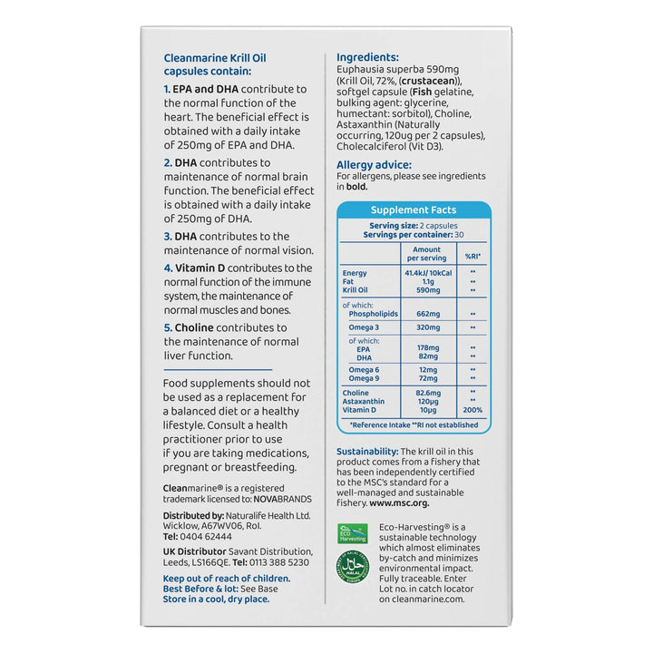 Cleanmarine Krill Oil supplement box highlighting high strength Omega 3, EPA, DHA, Astaxanthin, and sustainable sourcing details