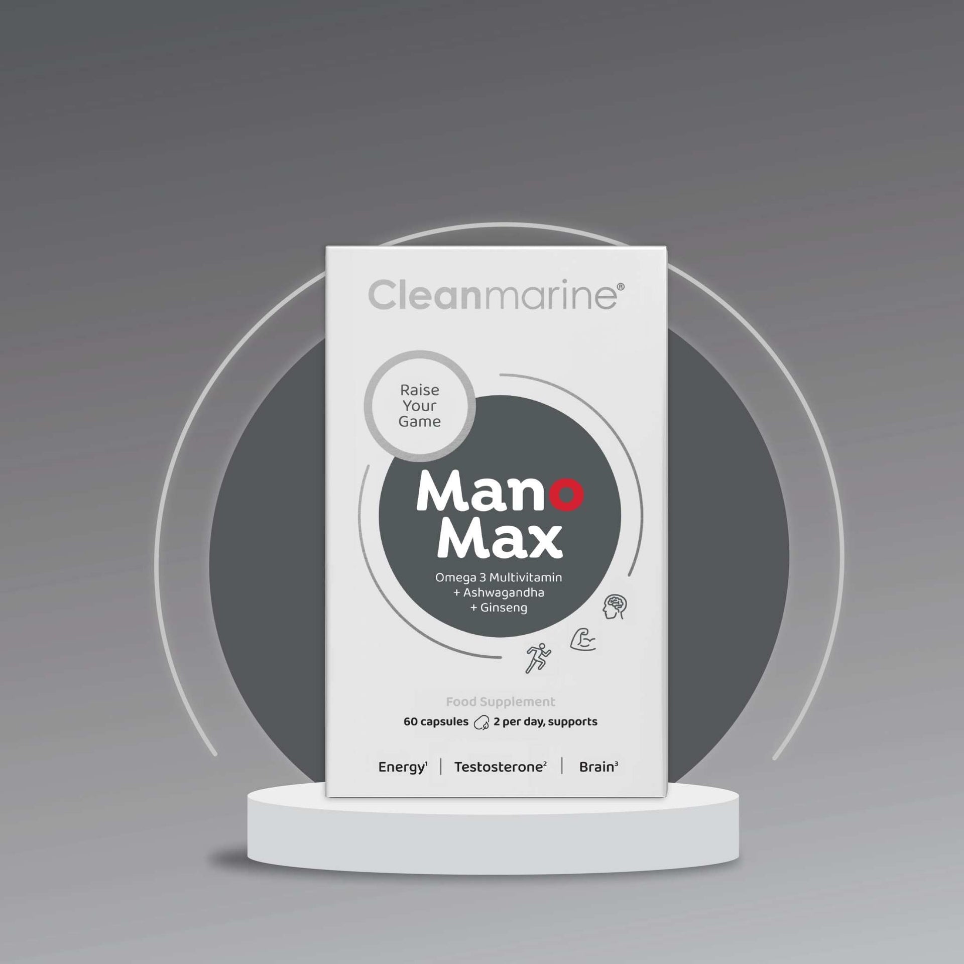 ManoMax men's multivitamin capsules with Omega 3, Ashwagandha, and Ginseng for brain, energy, and reproductive health support