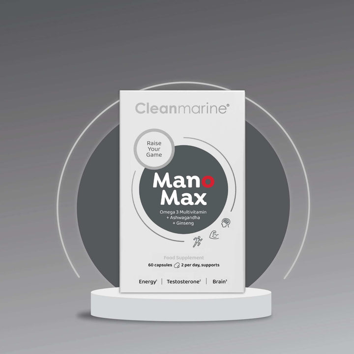 ManoMax men's multivitamin capsules with Omega 3, Ashwagandha, and Ginseng for brain, energy, and reproductive health support