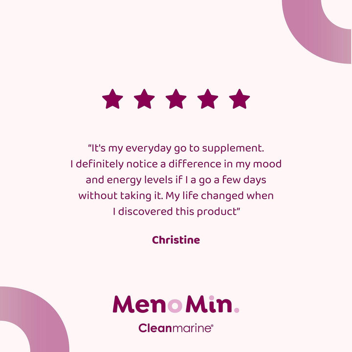 Cleanmarine Menomin capsules for menopause support with omega 3, vitamins, and phytonutrients for hormonal balance and energy.