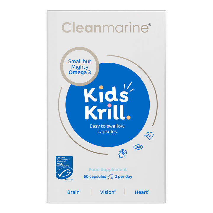 Packaging for Cleanmarine Kids Krill Omega 3 supplements, indicating 60 capsules per pack and highlighting the MSC certification and fish-free krill oil.