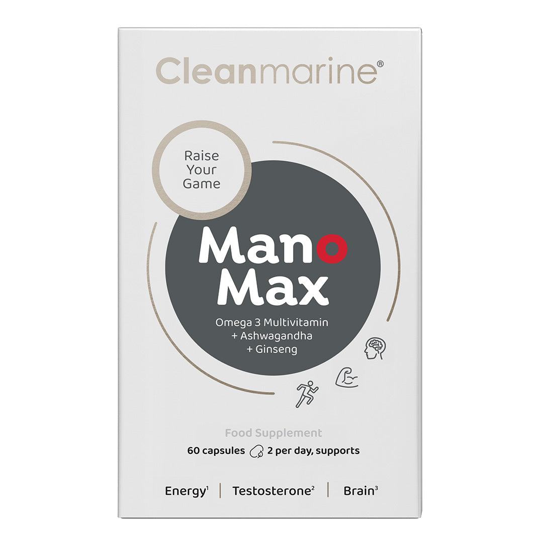 ManoMax men's multivitamin with Omega 3, Ashwagandha, and Ginseng for energy, testosterone, brain, and reproductive health.