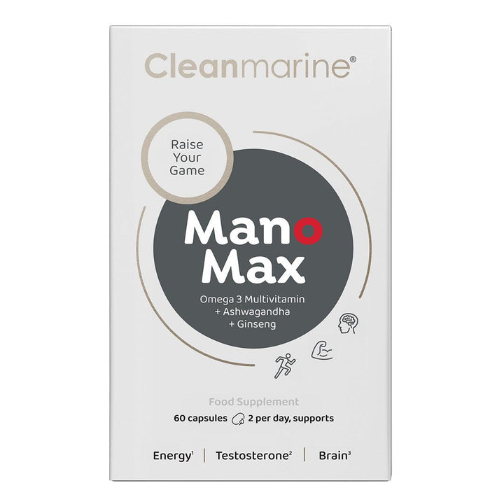 ManoMax men's multivitamin with Omega 3, Ashwagandha, and Ginseng for energy, testosterone, brain, and reproductive health.
