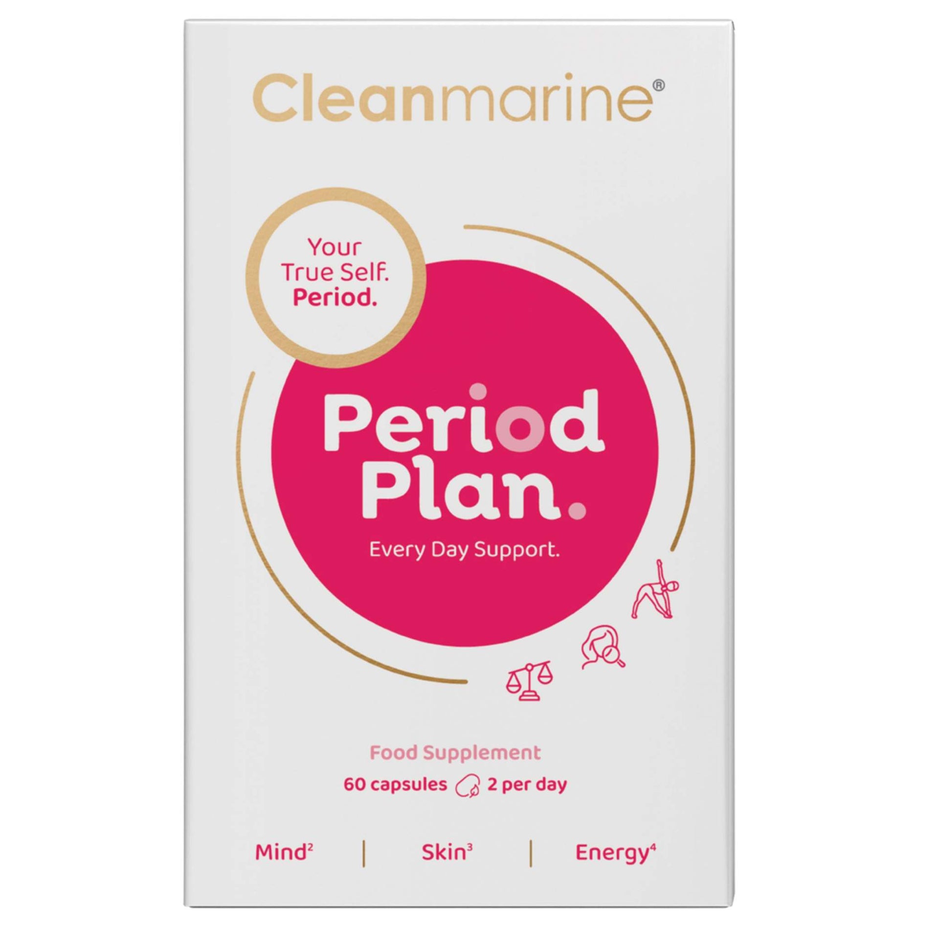 Cleanmarine Period Plan women's supplement box with 60 capsules for daily menstrual support including mind, skin, and energy benefits