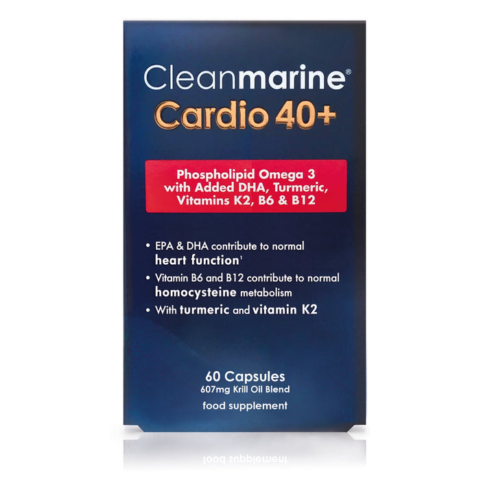 A package of Cleanmarine Cardio 40+ omega 3 supplements with turmeric and vitamins K2, B6, and B12. The front label states the product contains 500 mg of fish supplement with EPA & DHA and lists the key ingredients and benefits.