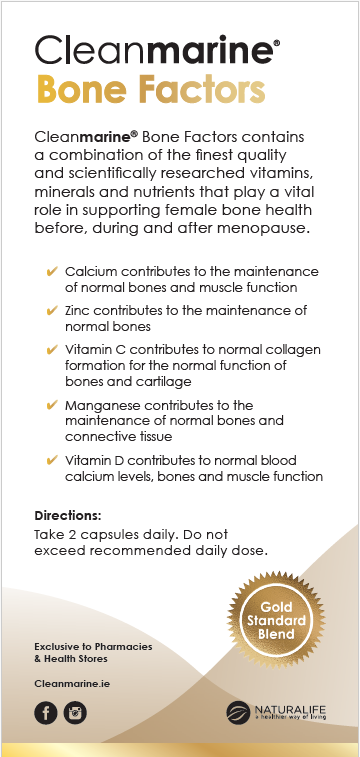 Product packaging for Cleanmarine Bone Factors with text and branding details.