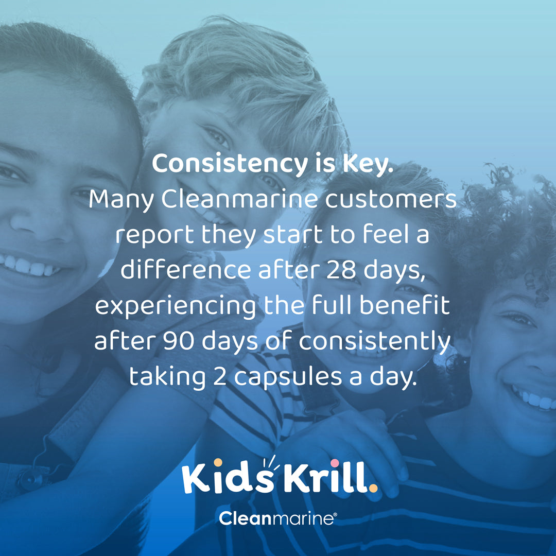 Advertisement for Kids Krill Cleanmarine with text about consistency and customer testimonials.