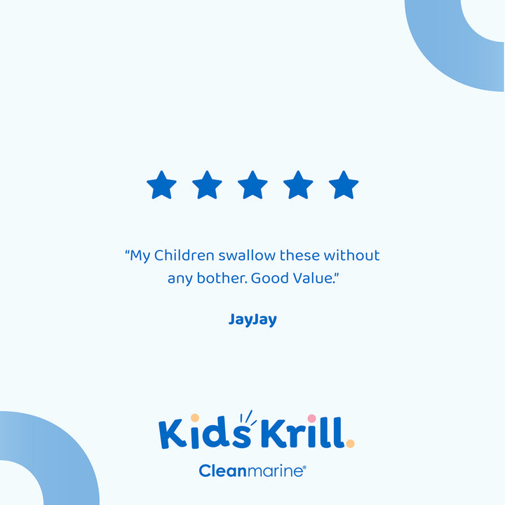 Five-star rating with a review quote and Kids' Krill logo on a blue background