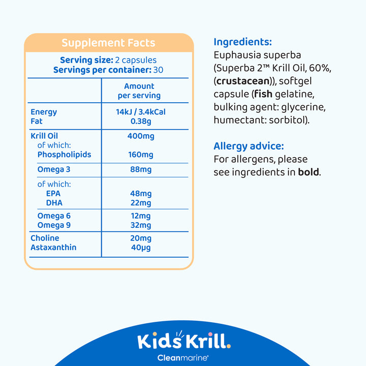 Supplement facts label for Kids' Krill with clear text and color differentiation.