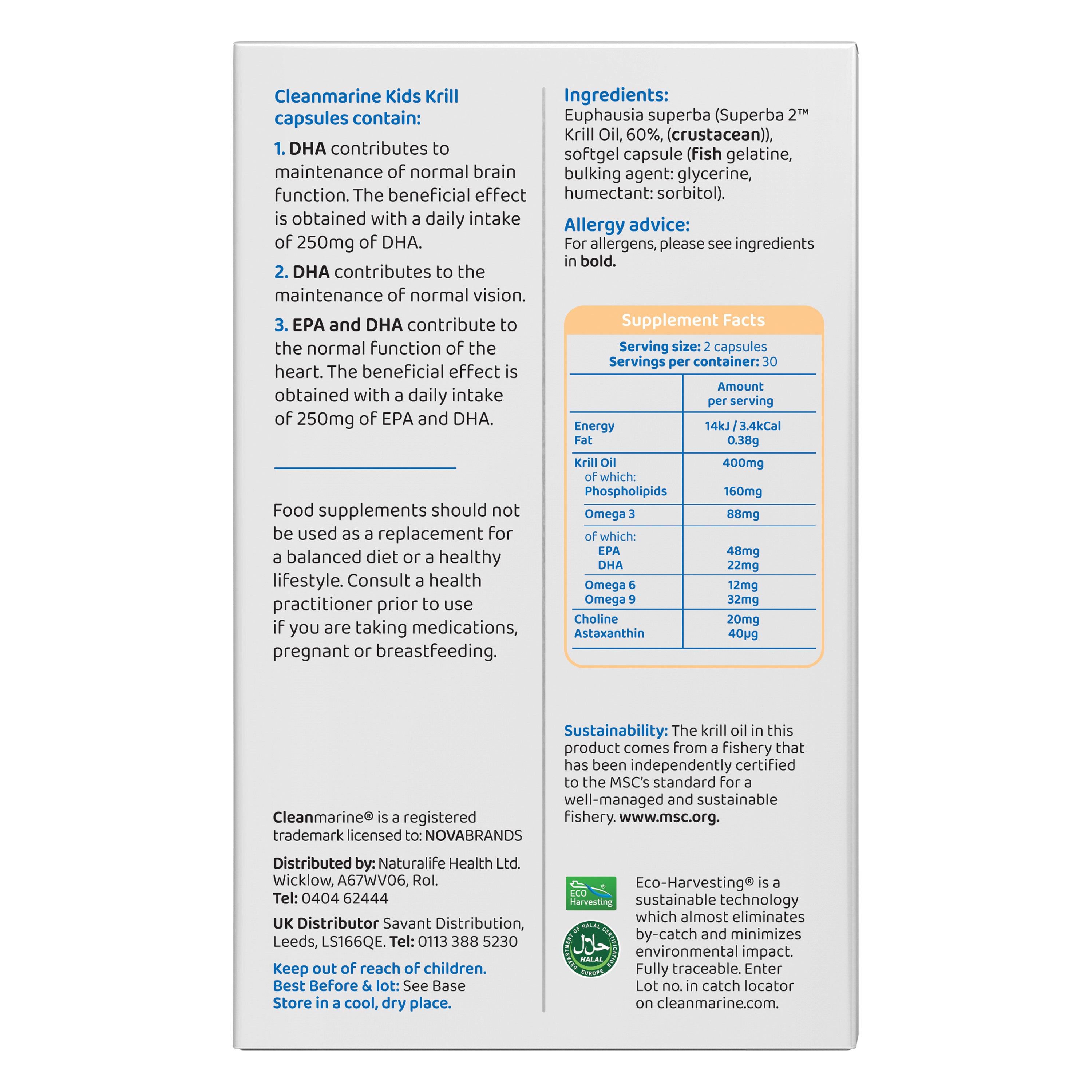 Supplement label for Cleanmarine Kids Krill capsules with nutritional information and ingredients.