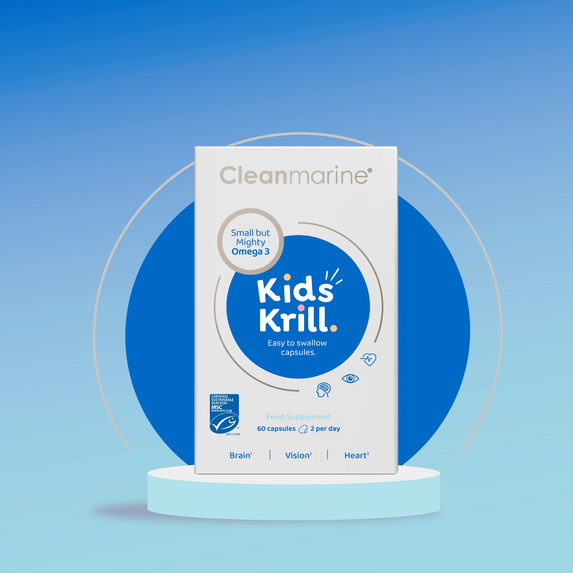 product on display with blue background.