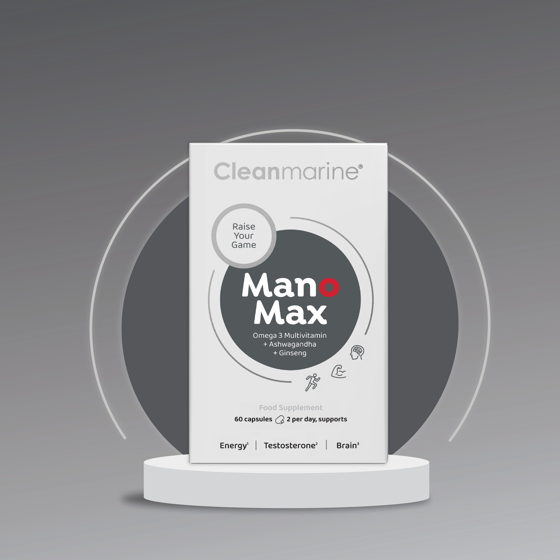 Man o Max supplement packaging on a gray background