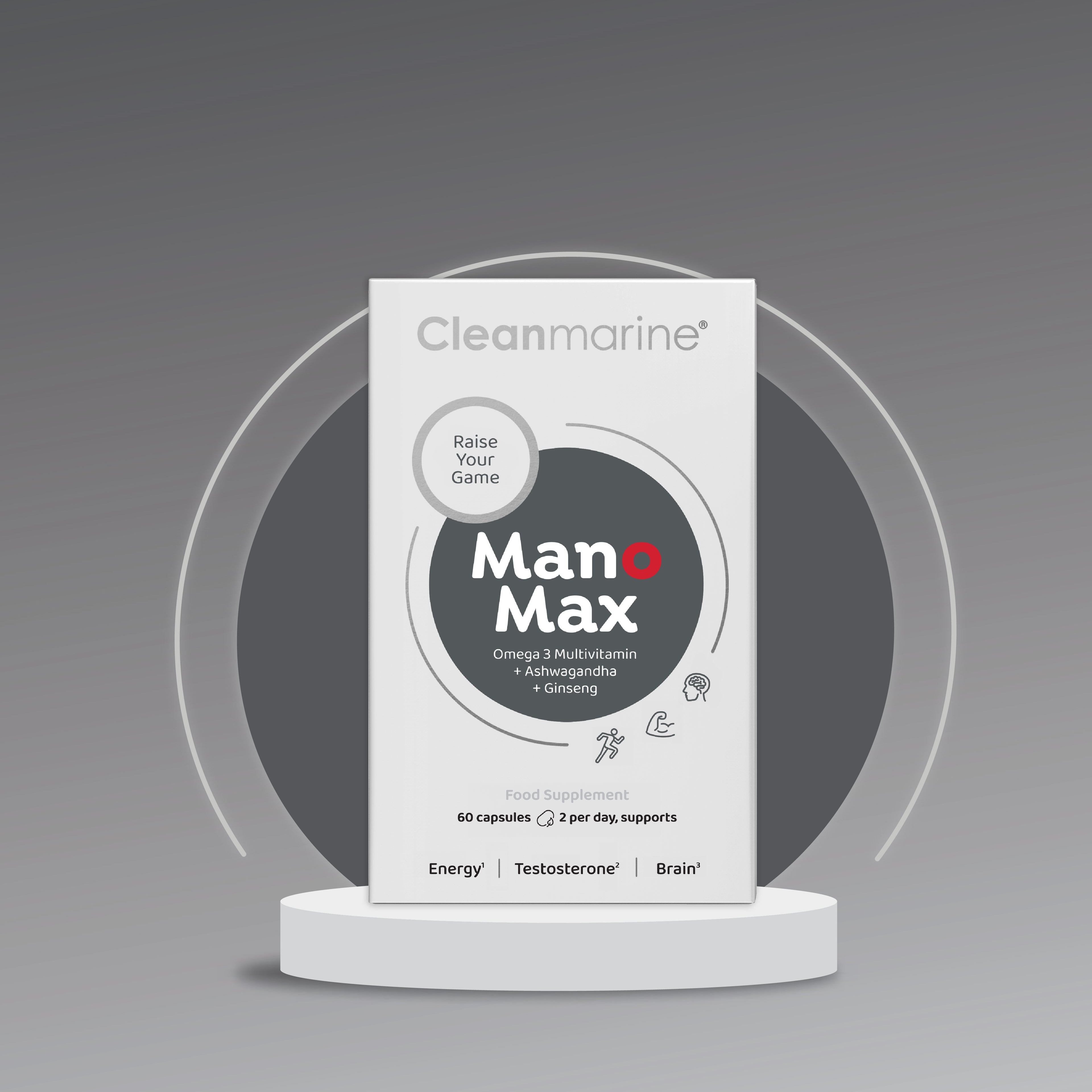 Man o Max supplement packaging on a gray background